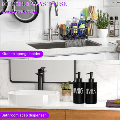 MASADI Kitchen Sink Caddy with Dish Soap Dispenser Set, 12OZ Glass Bottle, Hand and Dish Soap Dispenser Set, Non-Slip Silicone Pad, Brush Holder, Kitchen Sink Organizer Countertop (Black+Clear)