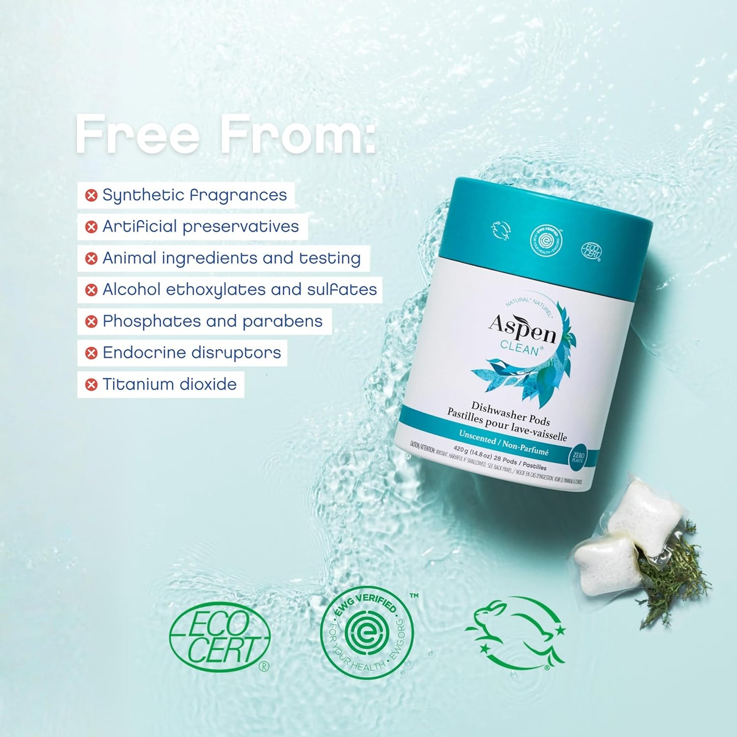 AspenClean | Unscented Dishwasher Pods | Cuts Grease and Grime | Zero Plastic | Non - Toxic | 100% Natural Dishwasher Detergent | EWG Verified - 28 Count