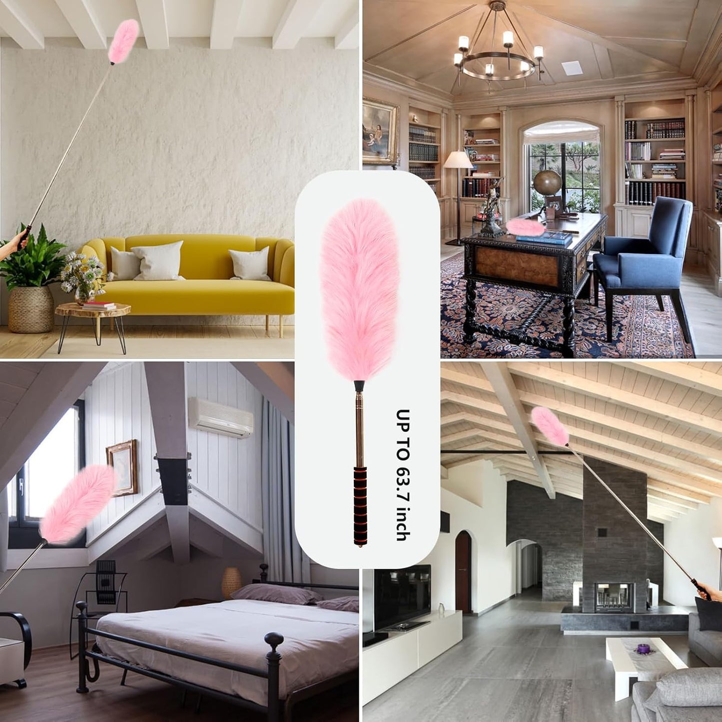 Extendable Lambswool Duster Stainless Steel Handle 133" Removable Feather Duster for Cleaning Ceiling Fans Interior Roof Furniture, Brown