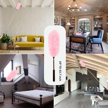 Extendable Lambswool Duster Stainless Steel Handle 133" Removable Feather Duster for Cleaning Ceiling Fans Interior Roof Furniture, Brown