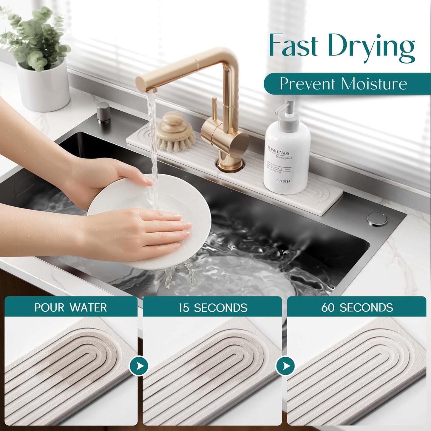 Eormoe Faucet Mat for Kitchen Sink – Diatomite Stone Drying Mat & Sink Protectors, Prevent Moisture – Sink Splash Guard Water-Absorbing Stone Tray for Bathroom Counter (Light Grey, 23.6" x 3.9")