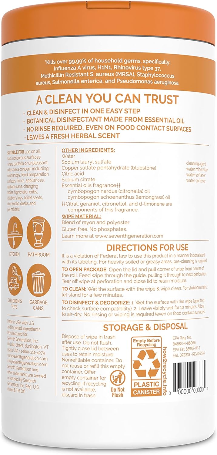 Seventh Generation Disinfecting Multi-Surface Wipes, Lemongrass Citrus Scent, 70 Wipes