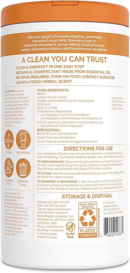 Seventh Generation Disinfecting Multi-Surface Wipes, Lemongrass Citrus Scent, 70 Wipes