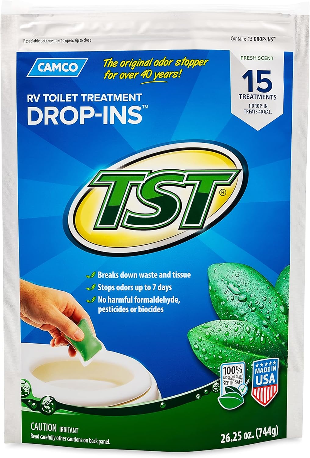 Camco TST MAX RV Toilet Treatment Drop-INs - Control Unwanted Odors & Break Down Waste and Tissue - Safe Septic Tank Treatment - Orange Scent, 30-Pack (41183)