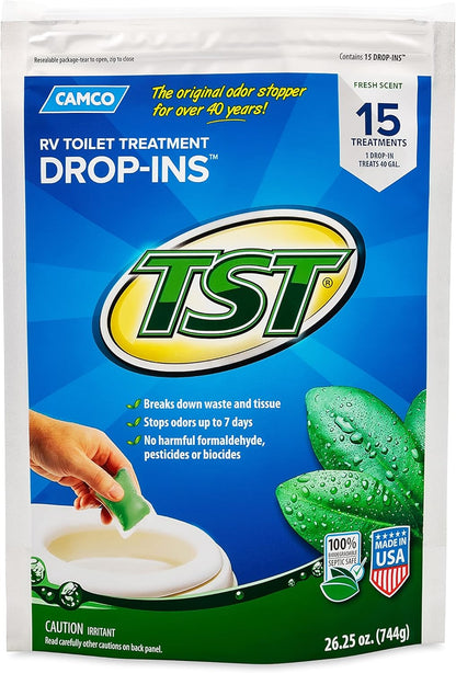 Camco TST MAX RV Toilet Treatment Drop-INs - Control Unwanted Odors & Break Down Waste and Tissue - Safe Septic Tank Treatment - Orange Scent, 30-Pack (41183)