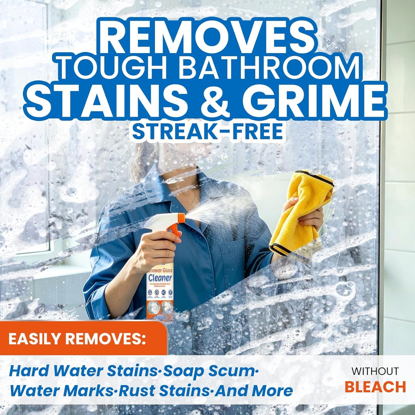 Shower Glass Cleaner – Hard Water Stain Remover Removes Limescale & Soap Scum for Bathroom Glass Doors, Shower Doors, Windows, Mirrors & Tiles – Streak-Free Instant Shine, 200ml/7oz