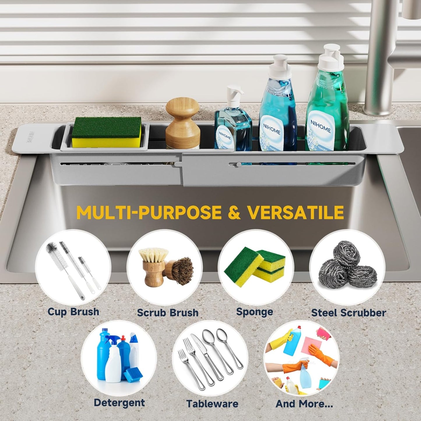 NiHome Extendable Over Sink Kitchen Organizer, Small Telescopic Brush Storage Rack for Sponge, Non-Slip Pads Expandable Sink Caddy, Adjustable Sponge/Brush Rack with Drainage Durable ABS (Black)