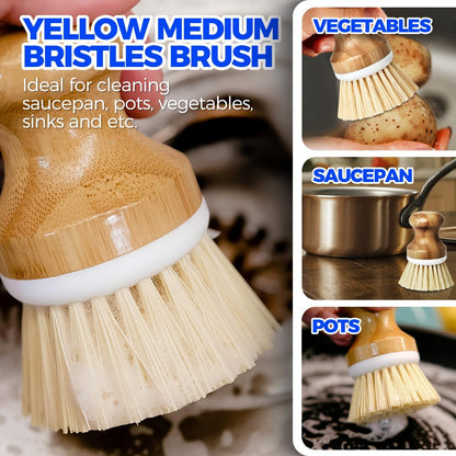 Holikme 3 Pack Dish Brush Set with Bamboo Handle, Kitchen Brushes for Cleaning Pot, Sink and Stove, Skillet Scrubber with Tough Bristles for Cast Iron Grill Pan, Yellow White Black