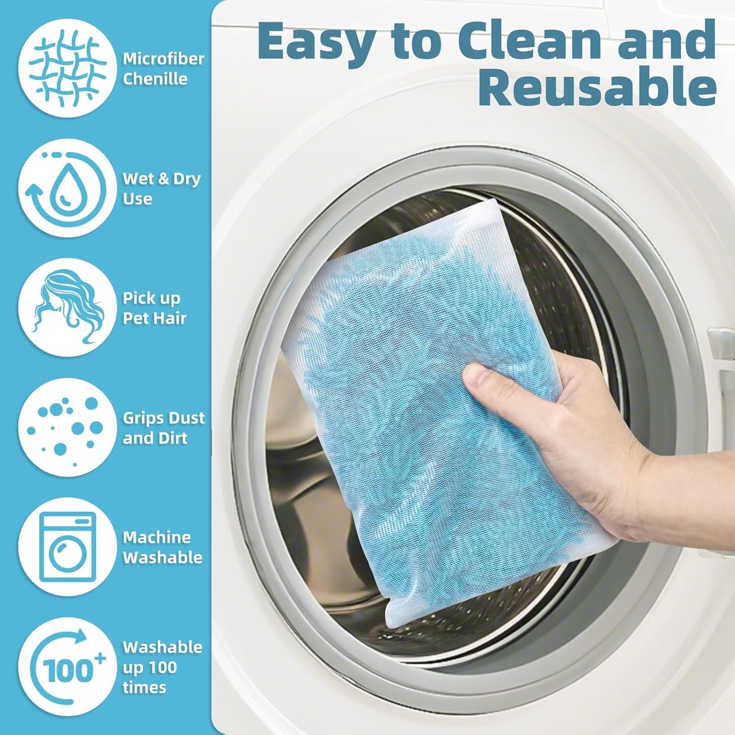 Reusable Mop Pads Compatible with Swiffer Sweeper Mop, Washable Wet Pads Refill & Chenille Dry Sweeping Cloths, Microfiber Mop Pads for Use on All Sealed Floors - Wood, Laminate, Stone & Tile (6 Blue)