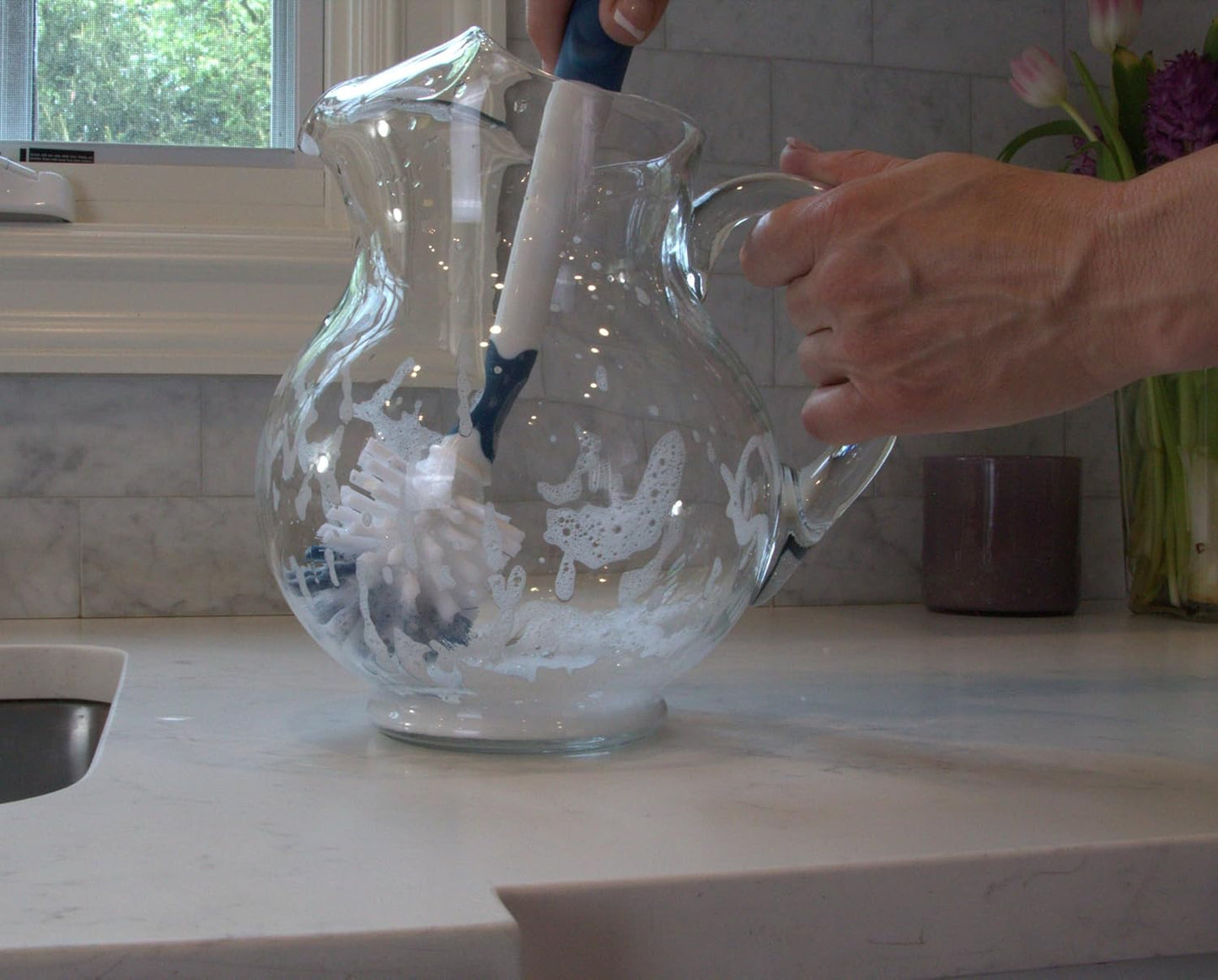 Unger Sink and Dish Scrub Brush, Kitchen Washing Scrubber for Hard-to-Reach Corners, Small Cleaning Supplies, Non-Scratch Bristles, Glassware, Pots, Pans, Tumblers, Drains, and Disposals