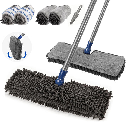 Mops for Floor Cleaning, Masthome Flat Dust Mop with 4 Reusable Pads, 2-Sided Microfiber Dust Mop for Wet & Dry Use, Flat Flip Mops for Hardwood, Laminate, Vinyl,Kitchen, Tile -1 Scraper