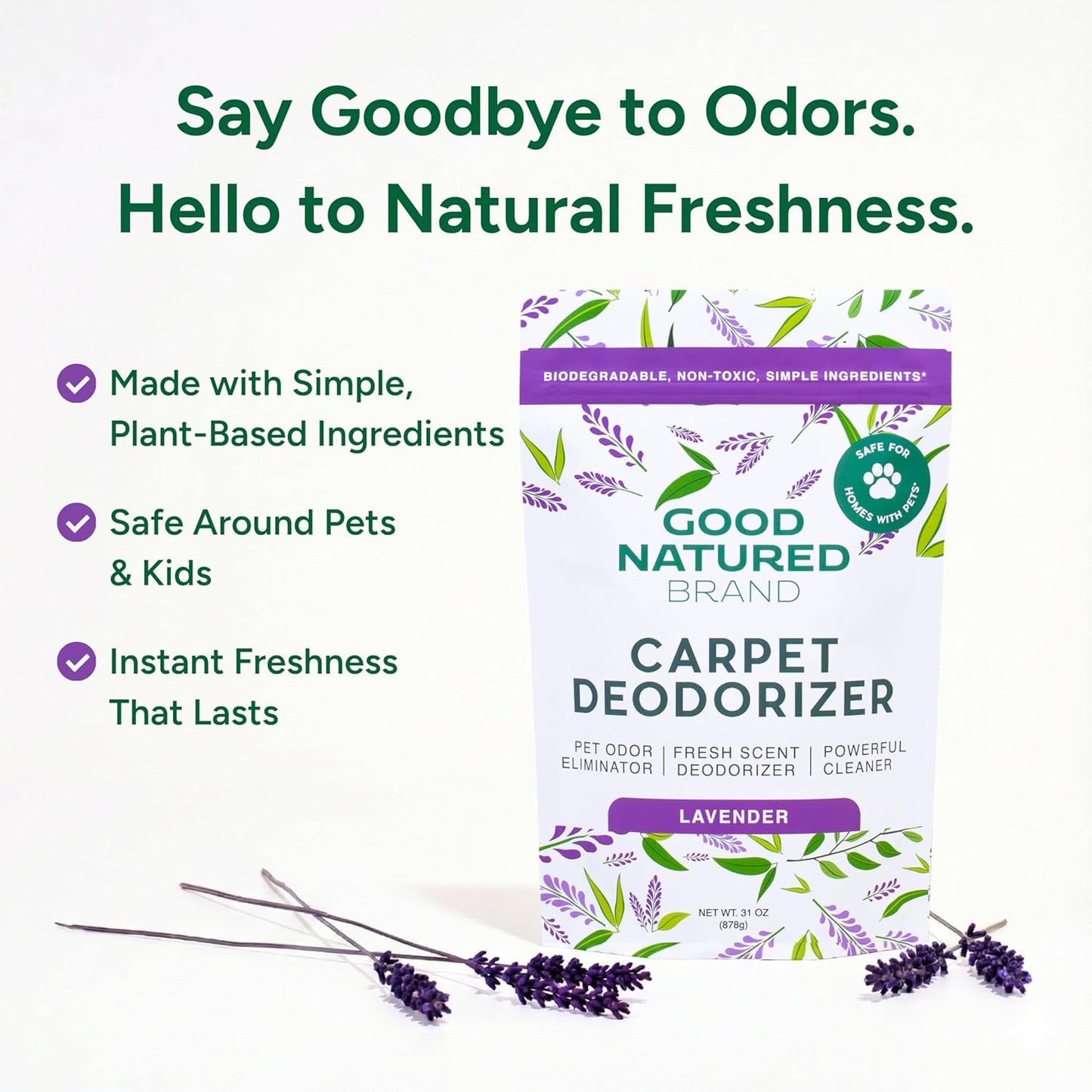 Good Natured Brand | Carpet Deodorizer & Freshener Powder | 31 oz Pet Odor Eliminator for Strong Odor & Pet Urine | Fresh Natural Lemon Scent | Safe for Homes with Pets