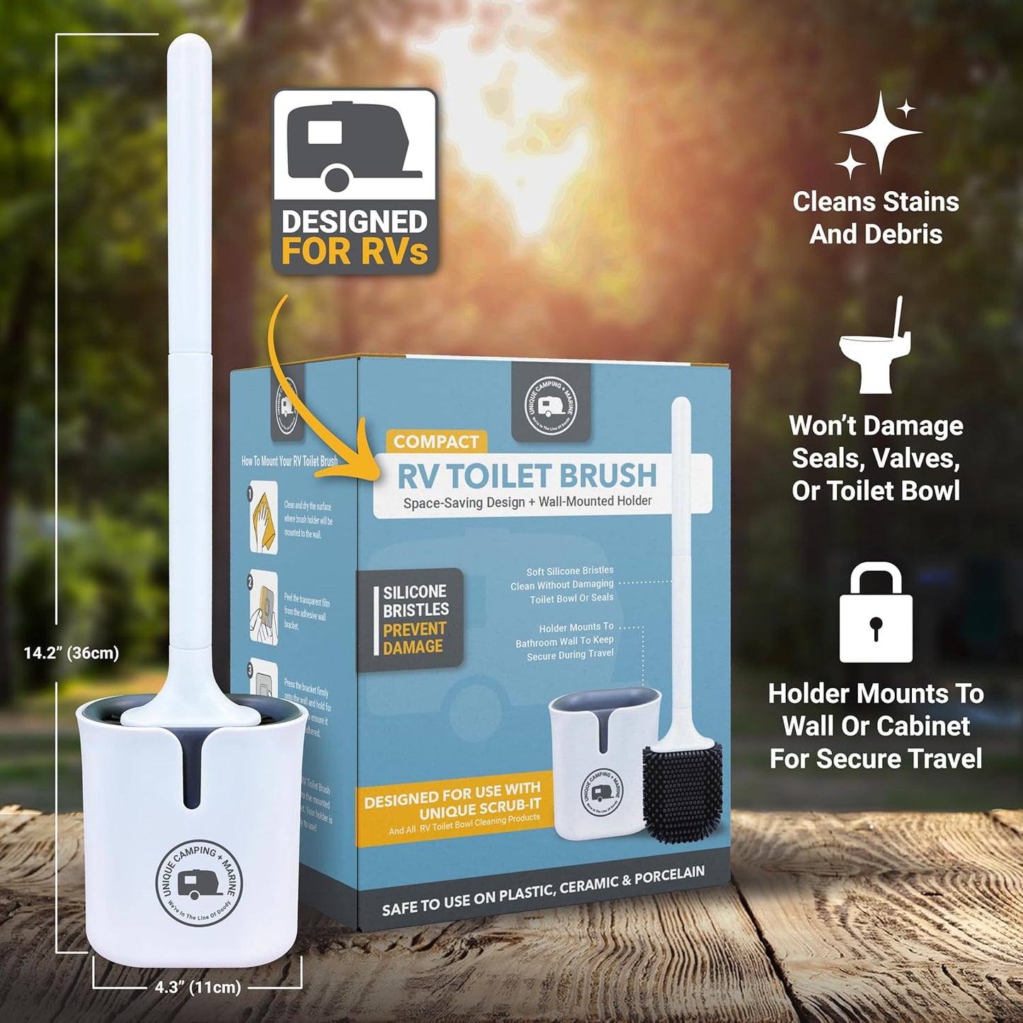 Unique Silicone RV Toilet Brush, Compact, Won't Damage Toilets or Seals, Wall-Mount No-Drip Holder