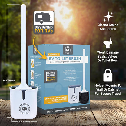 Unique Silicone RV Toilet Brush, Compact, Won't Damage Toilets or Seals, Wall-Mount No-Drip Holder