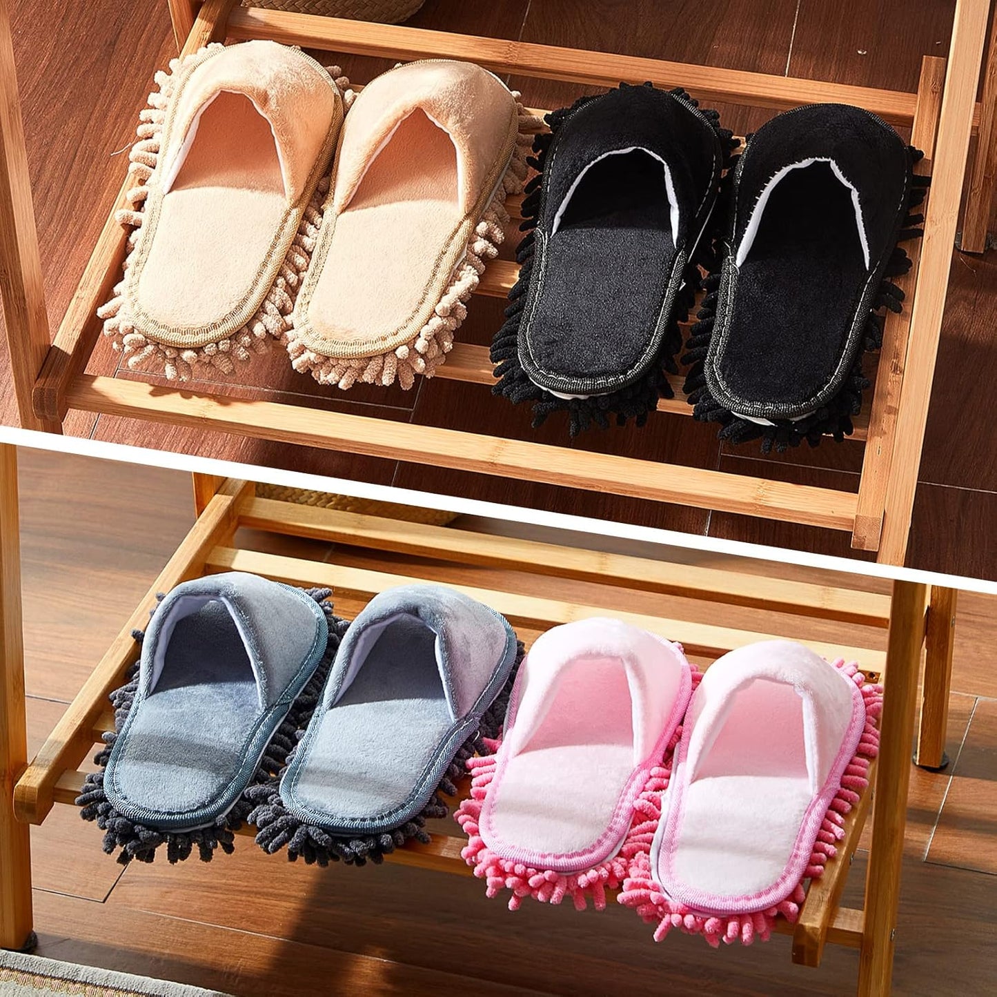 Jecery 4 Pair Washable Microfiber Mop Slippers Detachable Dusting Shoes for Floor Cleaning, Office & Home Use Suitable for Women & Men(Blue, Brown, Beige, White,L Size)