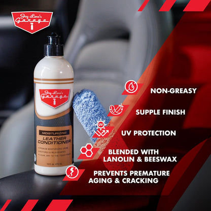Jay Leno's Garage Car Leather Conditioner and Auto Leather Care - Professional Leather Conditioner for Car Seats, Nourishes Protects & Restores, Lanolin & Beeswax Formula, Non-Greasy Finish (16 oz)