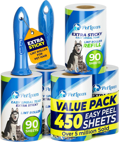 PetLovers Extra Sticky Lint Roller Mega Value Set 600 Sheets for Pet Hair Removal, Dog and Cat Lint Remover 6 Pack
