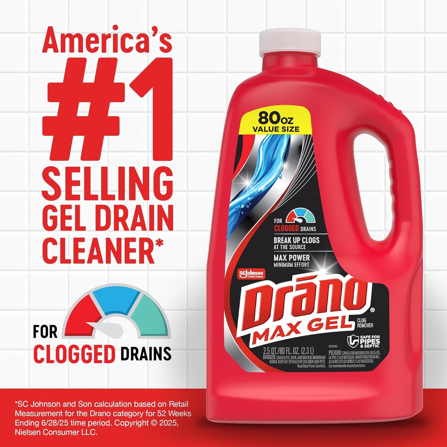 Drano Max Gel Drain Clog Remover & Cleaner, Fast-Acting to Unclog Standing Water & Remove Hair, Grease & Food Blockages, Safe for all Pipes & Septic, Kitchen Sinks, Bathroom Showers & Tubs, 32 Oz