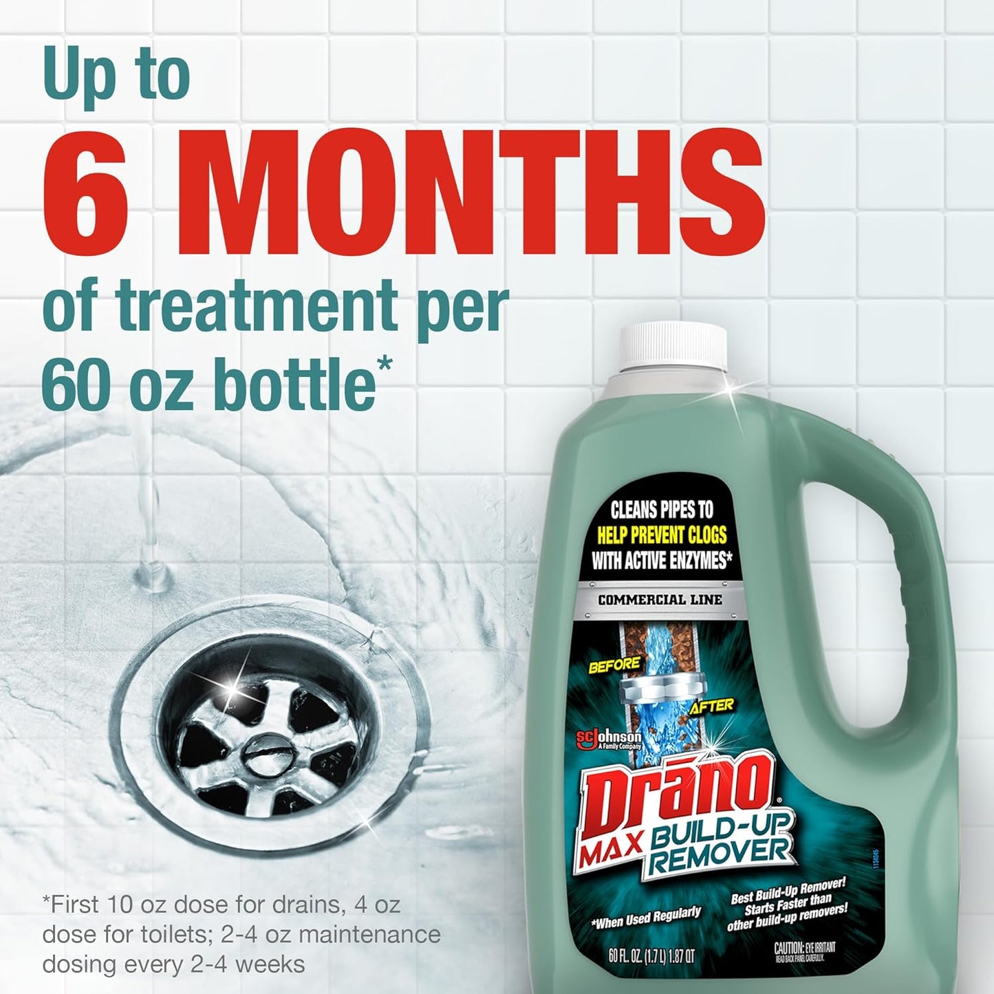 Drano Max Build Up Remover Drain Cleaner, Enzymes & Probiotics Prevents Clogs & Remove Odor-Causing Buildup, Safe for Septic, Toilets & Pipes in Bathroom Drains & Kitchen Sinks, Commercial Line, 60 oz