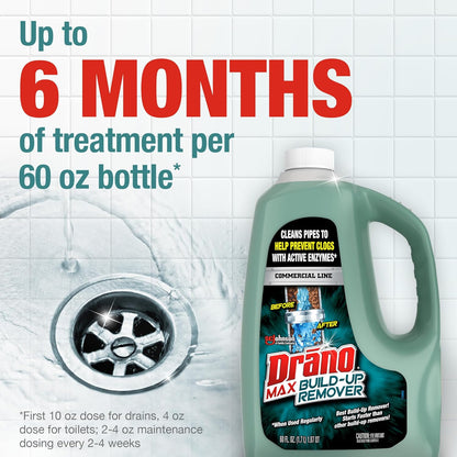 Drano Max Build Up Remover Drain Cleaner, Enzymes & Probiotics Prevents Clogs & Remove Odor-Causing Buildup, Safe for Septic, Toilets & Pipes in Bathroom Drains & Kitchen Sinks, Commercial Line, 60 oz
