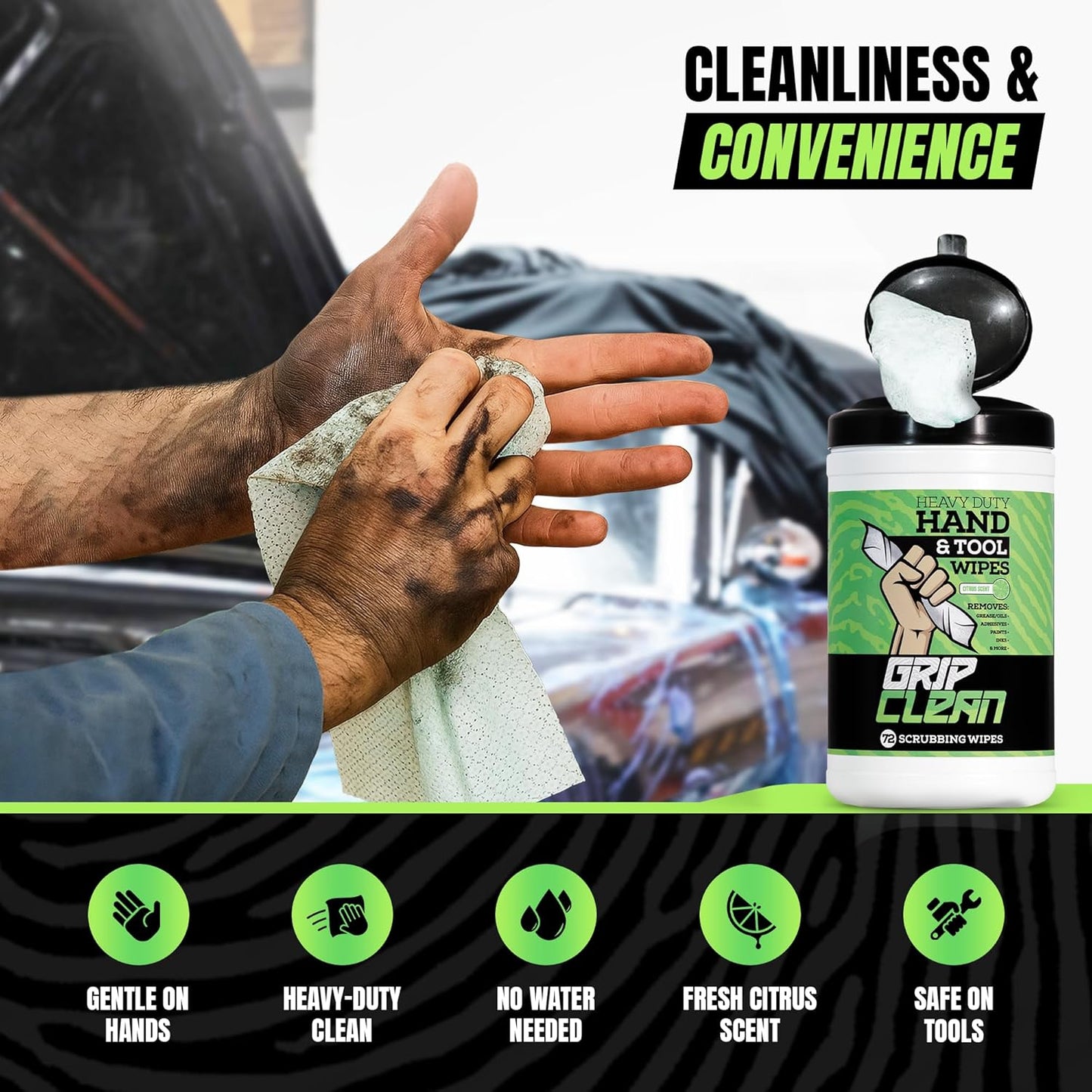 Grip Clean Heavy Duty Hand & Tool Cleaning Wipes – Waterless Hand Cleaner for Mechanics, Garage & Shop Use – Dual-Sided Grease, Oil & Paint Remover Wipes with Citrus Scent - 30ct