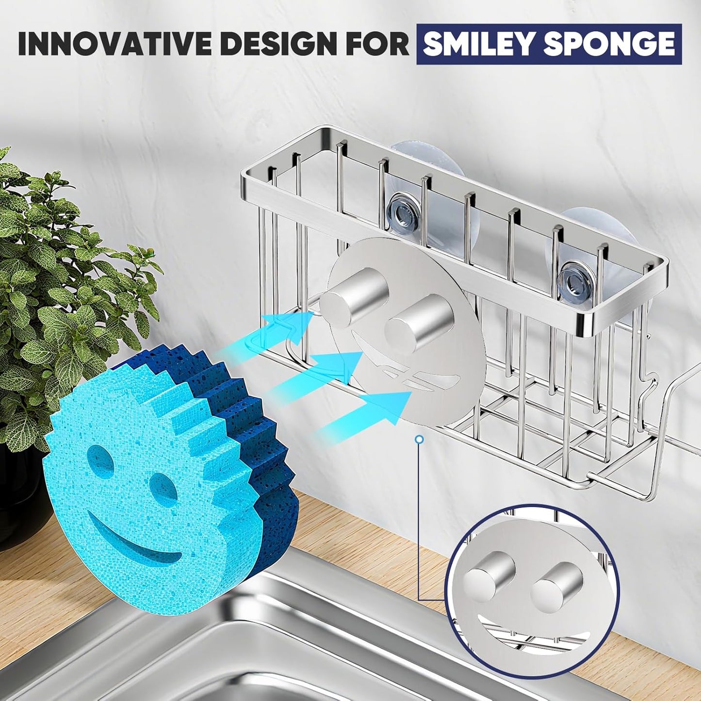 MURLONG Sponge Holder for Kitchen Sink,Sink Caddy Smiley Face,4-in-1 Sponge Holder with Suction Cups & 1 PCS Adhesive Strips for Holding Soap,Brush,Scrubber,Sponge,Stopper-Black