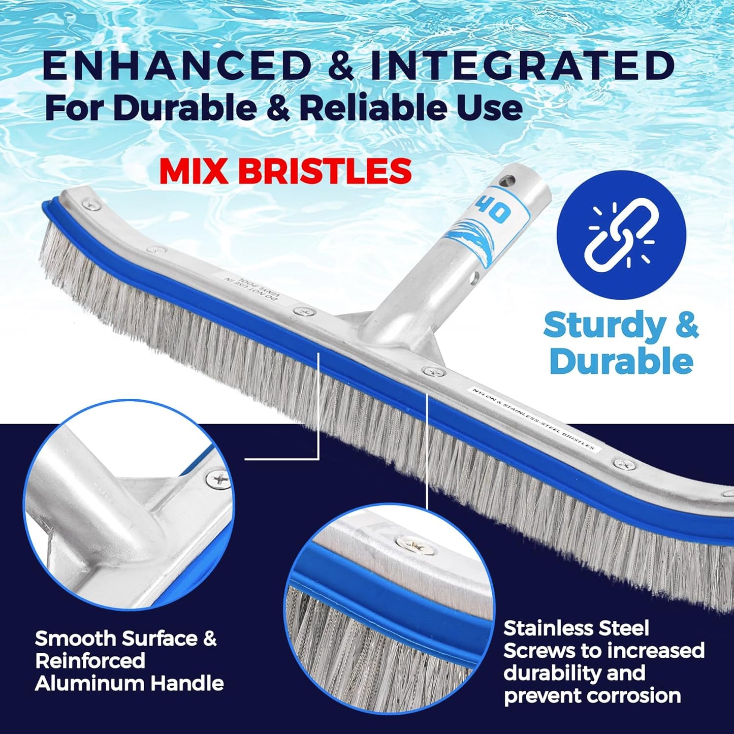 440 Combo Nylon and Stainless Steel Pool Brush - 18-Inch Heavy Duty Pool Brush Head for Cleaning Inground Pool Tiles, Walls, Floor and Steps - Scrub Brush Replacement Head, Strong Bristles - No Pole