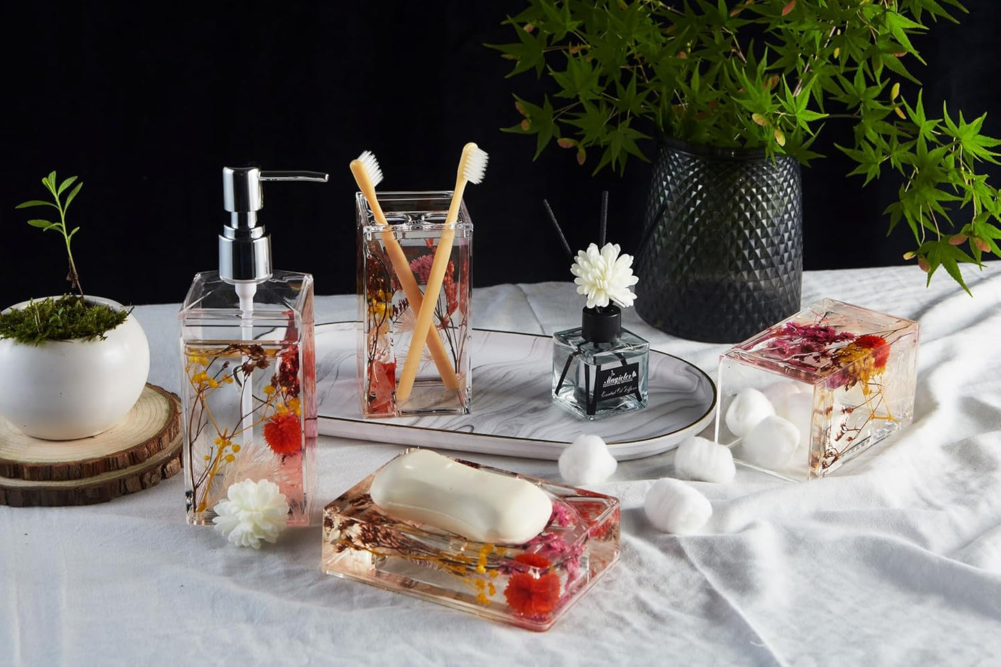 Locco Decor 5 Piece Acrylic Liquid 4D Floating Motion Bathroom Vanity Accessory Set Garden Botanic Green Plants Toothbrush Holder, Tumbler, Soap Dispenser, Soap Dish, Toiletbrush Holder Set