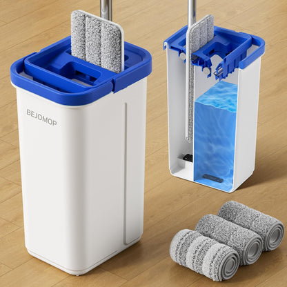 Mop and Bucket Set, Mops for Floor Cleaning with Long Handle, Squeeze Flat Mop and Bucket System, Dry & Wet Dust Mop for Household Floor Cleaning with 5 Microfiber Mops, Slate Blue
