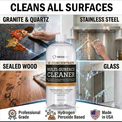 Thirteen Chefs 8X All Purpose Cleaner Concentrate - Makes 2 Gallons of Kitchen and Bathroom Cleaner for Granite and Quartz Countertops, Stainless Steel, Wood Floors - 32oz (No Sprayer Included)