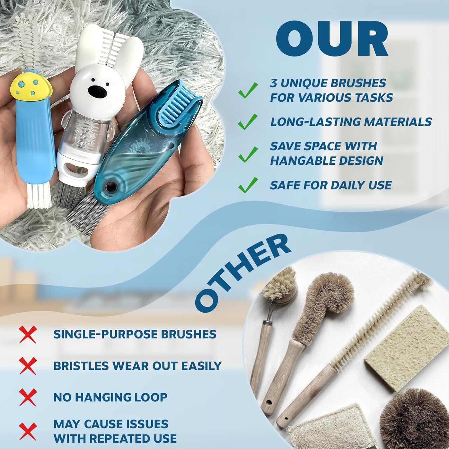 Cup Lid Cleaning Brush, Multifunctional Set with 3 in 1 Lid Cleaner and Two 4 in 1 Cup Lid Cleaning Brushes, Cleaning Brush Tool for Bottles, Straws, Tumblers, Travel Mug Caps, Portable Kit (Blue)