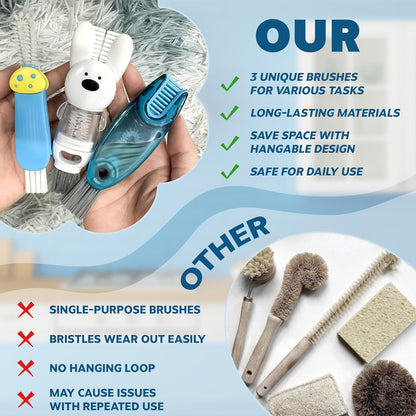 Cup Lid Cleaning Brush, Multifunctional Set with 3 in 1 Lid Cleaner and Two 4 in 1 Cup Lid Cleaning Brushes, Cleaning Brush Tool for Bottles, Straws, Tumblers, Travel Mug Caps, Portable Kit (Blue)