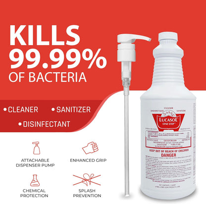 Lucasol One Step Disinfectant, 32 Fl Oz Disinfectant & 24 Oz Empty Refillable Spray Bottle Combo. Multi Purpose Cleaner Spray For Hospitals, Schools, Salons, Household Cleaning And More