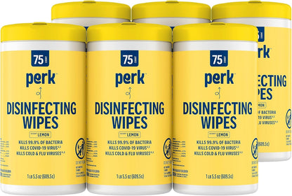 Perk Disinfecting Wipes, Lemon Scent, 75 Wipes/Canister — Multi‑Surface Cleaning Wipes for Home, Office & Classroom