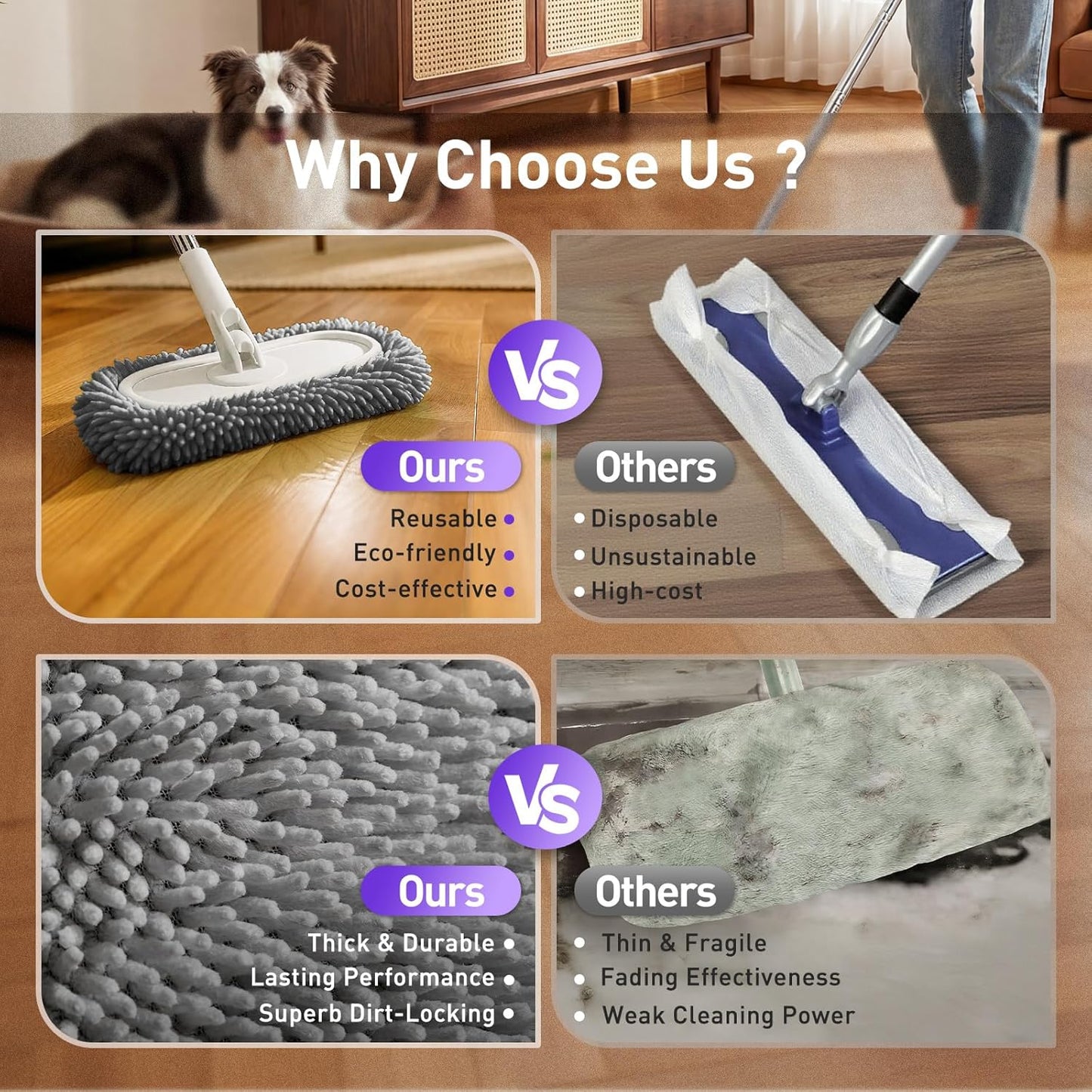 6 Pack Reusable Microfiber Mop Pads Compatible with Sweeper Mops, Replacement Mopping Pads Dry Sweeping Cloths, Washable Chenille Flat Mops Refills for Mopping Floor Cleaning (Mop is not Included)