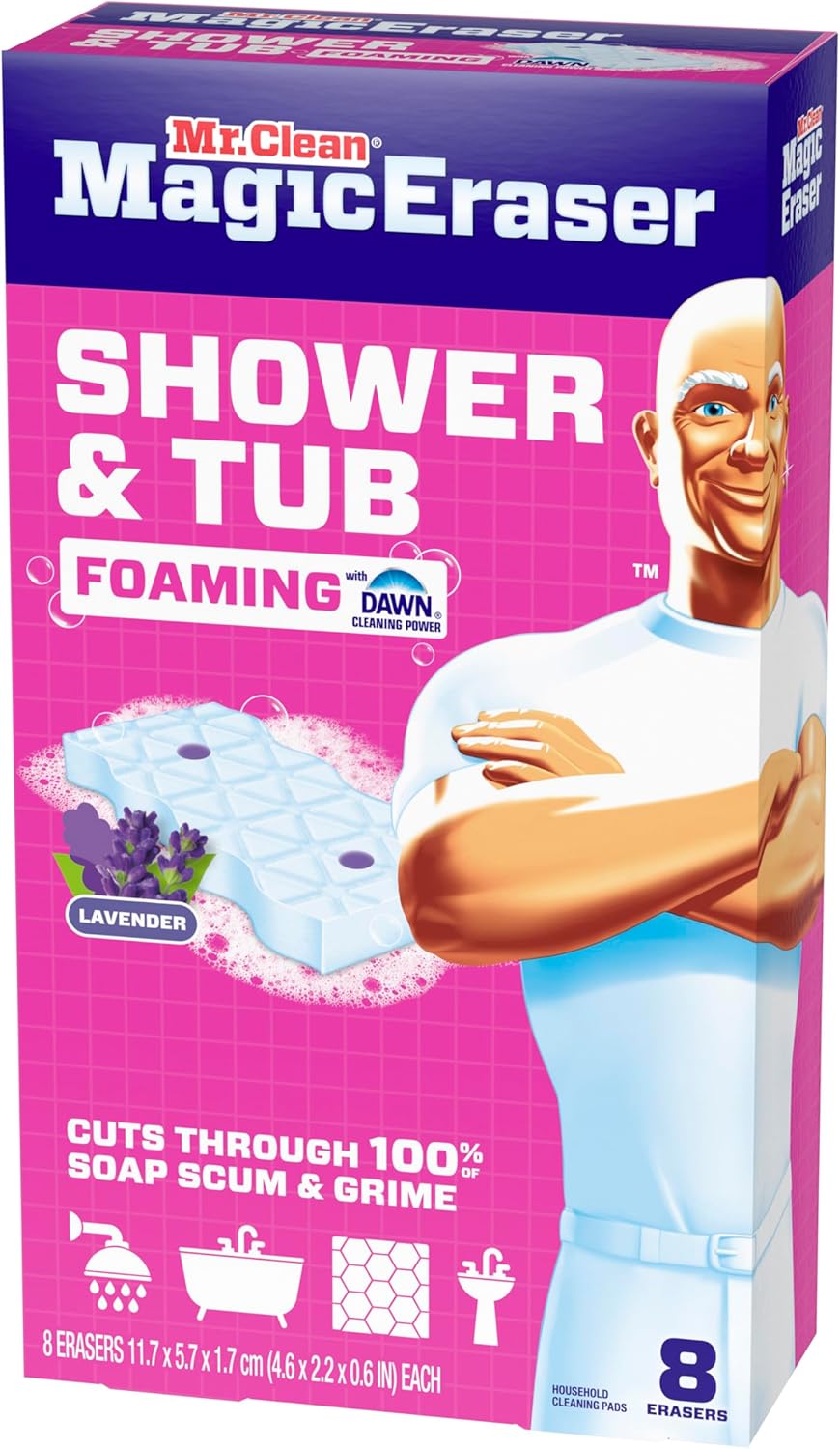 Mr. Clean Magic Eraser Sponge, Bathroom Cleaner, Shower Cleaner, Tub Cleaner, Soap Scum Remover, Bathroom Cleaning Supplies, Dawn Cleaning Power with Febreze Lavender Scent, 5ct
