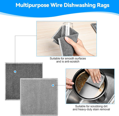 Stainless Steel Scrubber and Cleaning Rags - Non Scratch Wire Dishcloth for Washing Dishes, Steel Wool Scrubber and Dish Towels for Kitchen (6PCS)