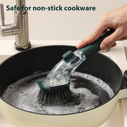 DAPOWER Soap Dispensing Dish Brush with Handle, Kitchen Scrub Brush for Dishes Pots Pans Sink Cleaning (Grayish Blue)