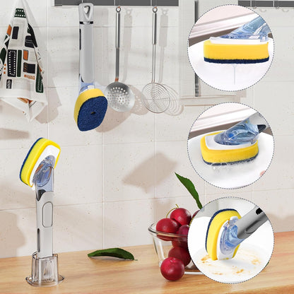 Dish Brush with Soap Dispenser Storage Set with 2 PCS Sponge Refills & Holder, Soap Dispensing Dish Brushes, Sponge with Soap Dispenser Handle, Dish Sponges with Handle for Dishes Pans Pots Sink