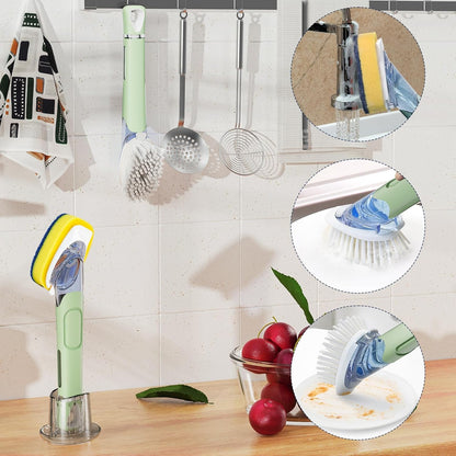 Dish Brush with Soap Dispenser Storage Set with 2 PCS Brush Refills & Holder, Dish Scrubber with Soap Dispenser, Dish Soap Brush, Dish Wand with Soap Dispenser for Dishes, Pans, Sink, Pots(Green)