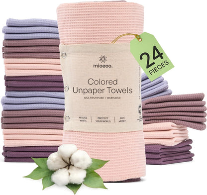 mioeco 20 Pack Reusable Kitchen Paper Towels Washable - Super Absorbent Natural unPaper Towels - Natural Cotton - Reusable, Paperless Kitchen Dish Cloths - 100% Organic