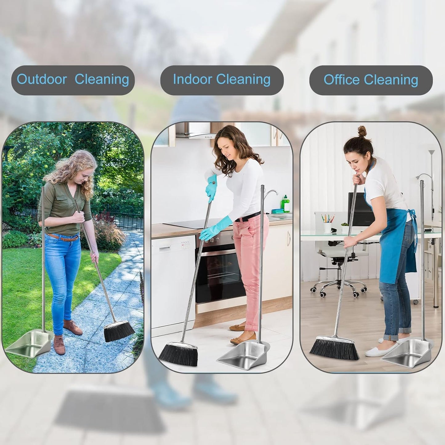 VOOWO Heavy Duty Broom and Dust pan Set, Stainless Steel Broom and Dustpan Set with Long Handle, Broom with Dustpan Set for Home Standing Dust Pan Indoor Outdoor Brooms Dustpan