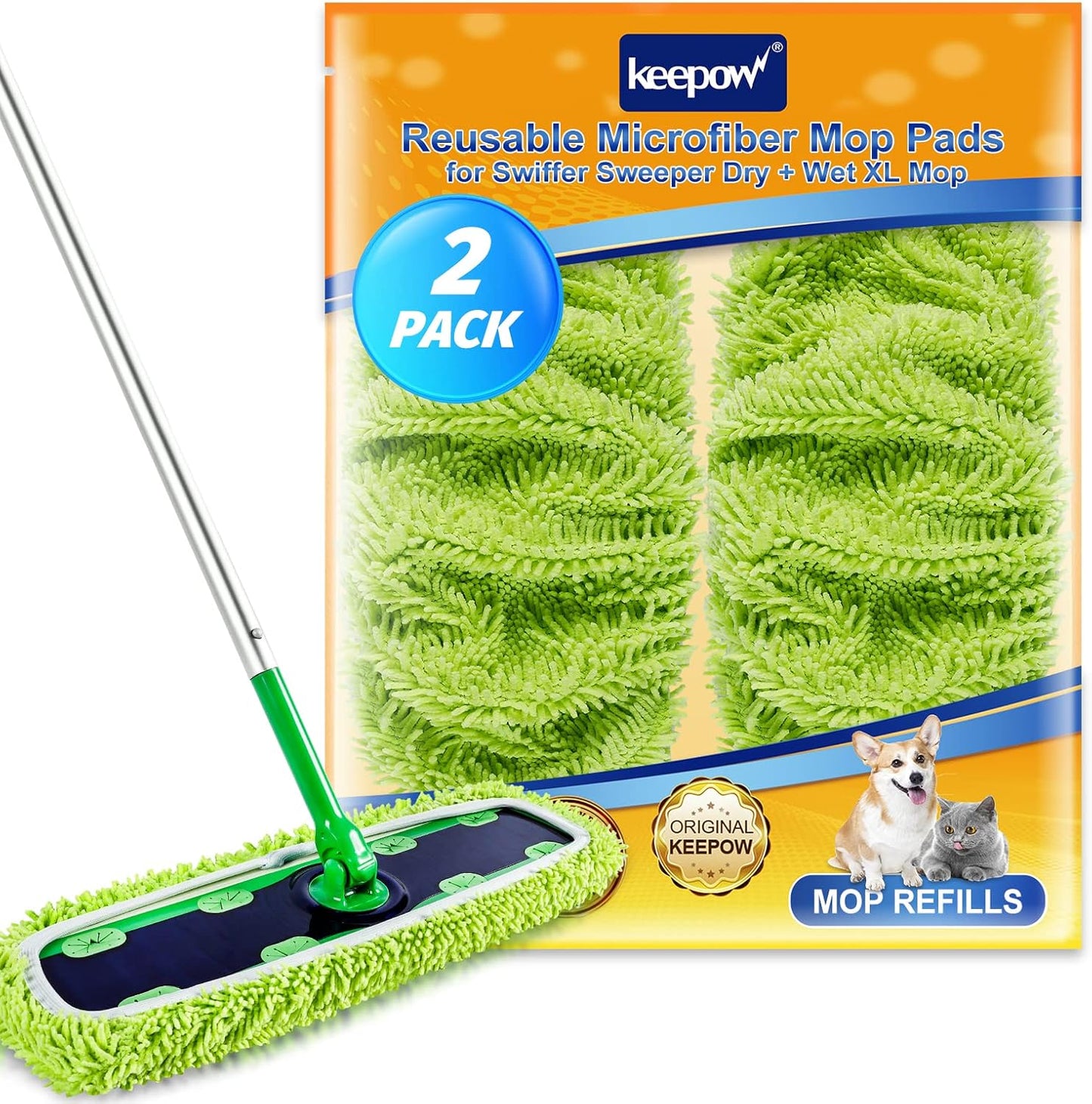 KEEPOW Reusable XL Mop Pads Compatible with Swiffer XL Sweeper, X-Large Dry Sweeping Cloths, Wet Mopping Cloths, Washable Microfiber XL Wet Pads Refills for Surface/Hardwood Floor Cleaning, 4 Pack