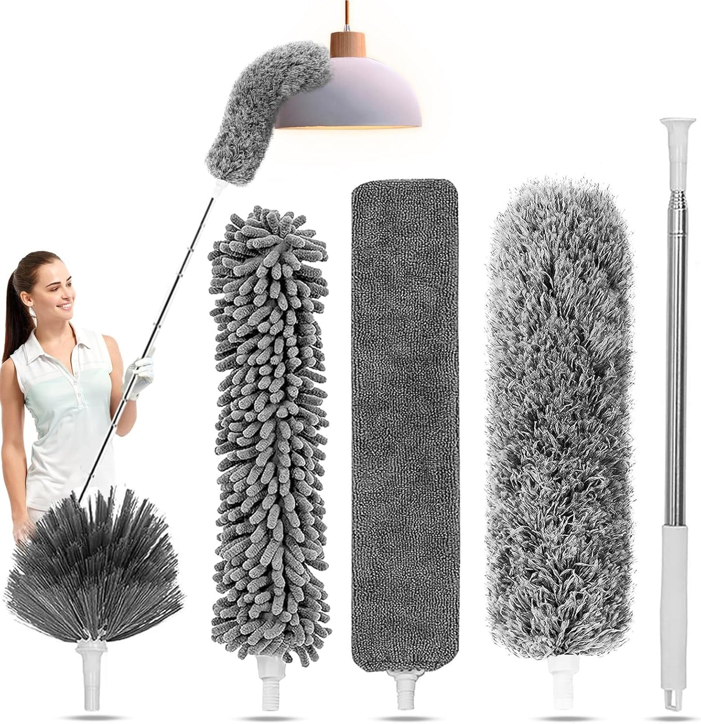 6-in-1 Duster for Cleaning Kit, Extendable Duster with Stainless Steel Pole - Microfiber, Ceiling Fan Cleaner Dusters and Chenille Dusters, Bendable Cobweb Removers for High Ceilings, Fans, Blinds