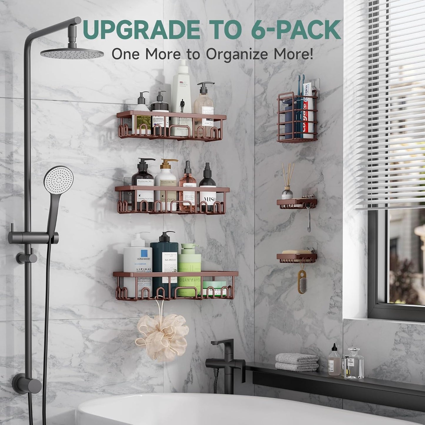 Veken Shower Caddy 6-Pack, Advanced Rustproof Design, No Drilling Adhesive Shelves, Rack with Soap Holder, Large Capacity Bathroom Organizers and Storage, Wall-Mounted, Gifts for Women Mom