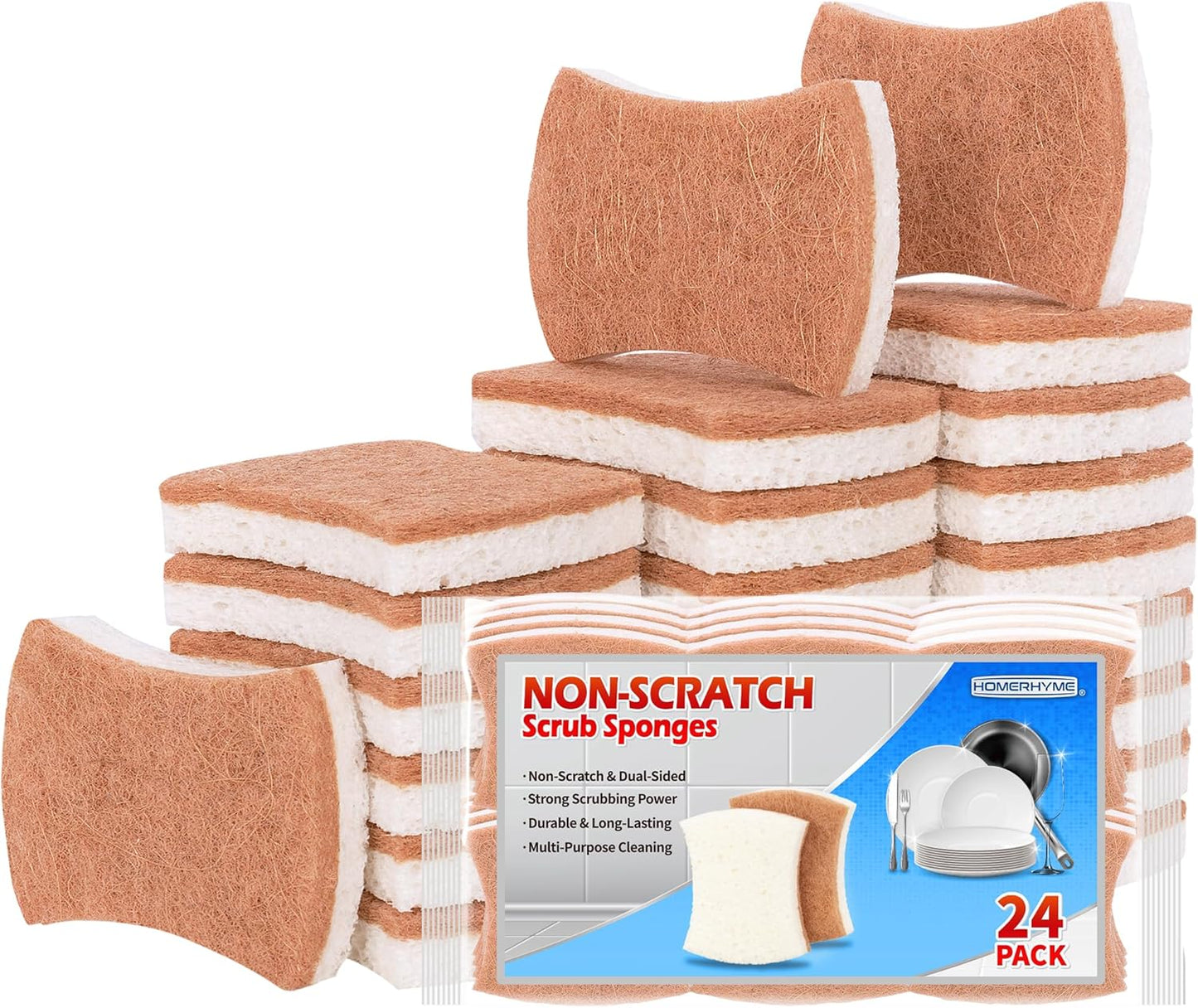 Non-Scratch Cellulose Scrub Sponges 12 Pack, Sponges Kitchen with Double-Side & Ergonomic Design for Dishes, Coated Cookware, Sink & Countertops.