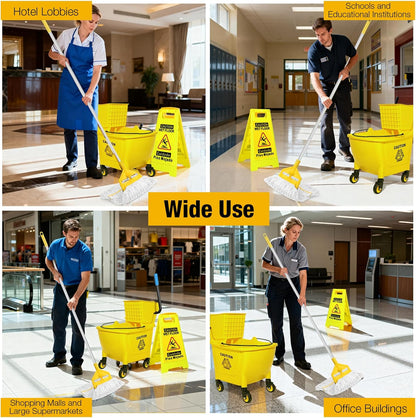 35 Qt Commercial Mop Bucket with Side Press Wringer on Wheels,Heavy Duty Industrial Mop and Bucket Set for Floor Cleaning,Including 1 Wet Floor Caution Sign for Household and Business,Yellow