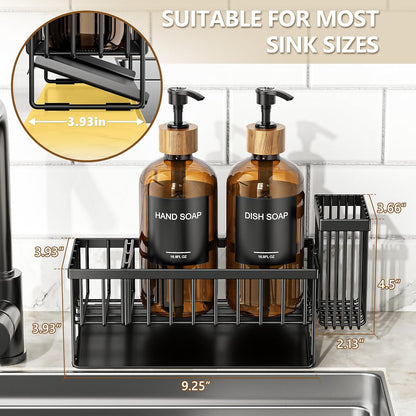 Cisily Kitchen Dish Soap Dispenser Set with 2 Pack 16.9oz Black Glass Bottle and Sponge Holder, Dish Soap Dispensers with Adjustable Sponge Holder, Vintage Hand and Dish Soap Dispensers Set