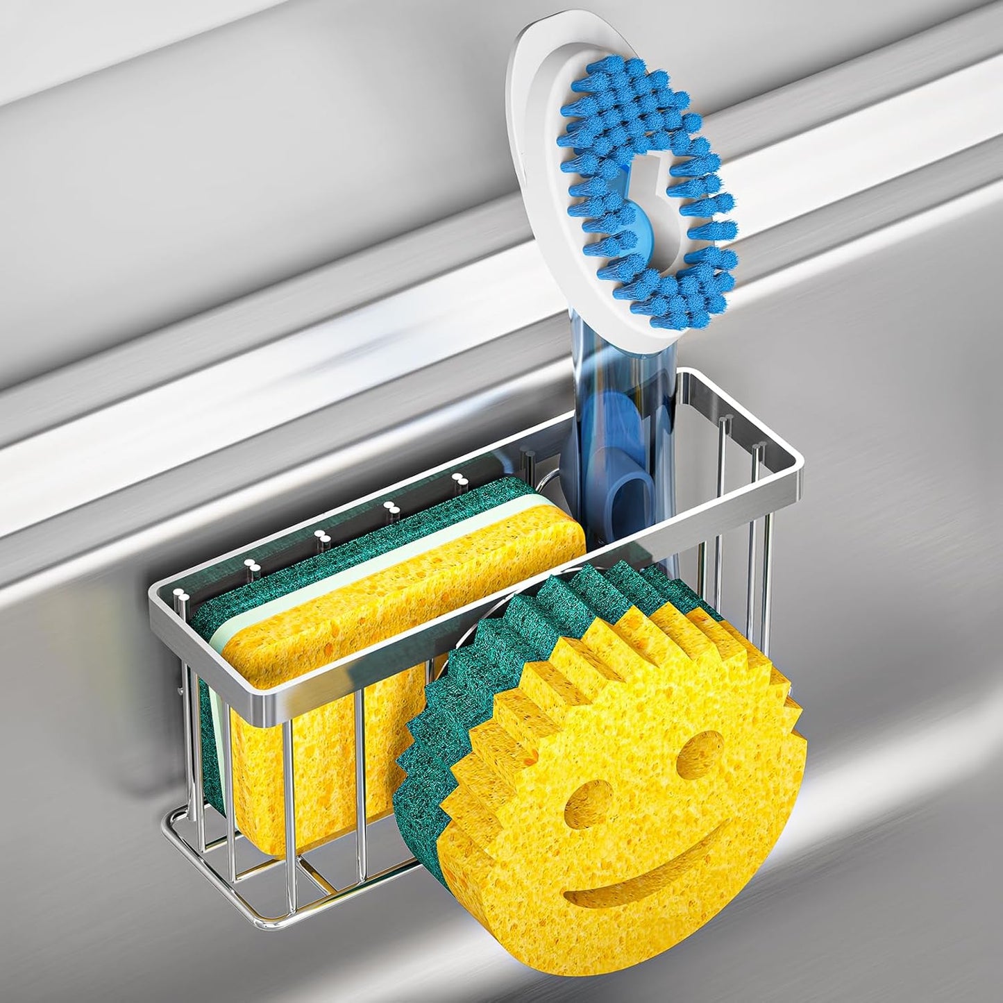 MURLONG Sponge Holder Smiley Face, Sink Caddy for kitchen Sink, Kitchen Organizer Sponge Holder with 2 PCS Suction Cups/1 PCS Adhesive Strips, Designed for Sponge, Soap, Dish brush, Scrubber-Black