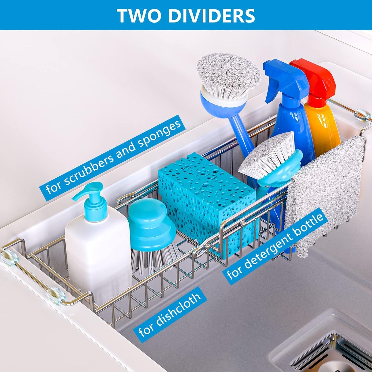Dish Stands, Over The Kitchen Sink Caddy Sponge Holder Organizer Drying Rack Expandable for Sponge Brush Soap Dish Cloth Rag Smaller 12.25" to 17.25", Stainless Steel